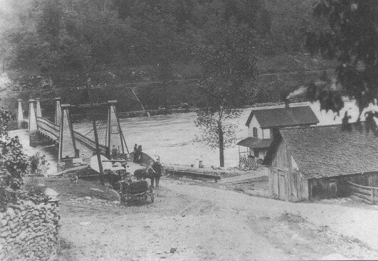 The suspension bridge at Pond Eddy was destroyed in the Great Pumpkin Flood of October, 1903.