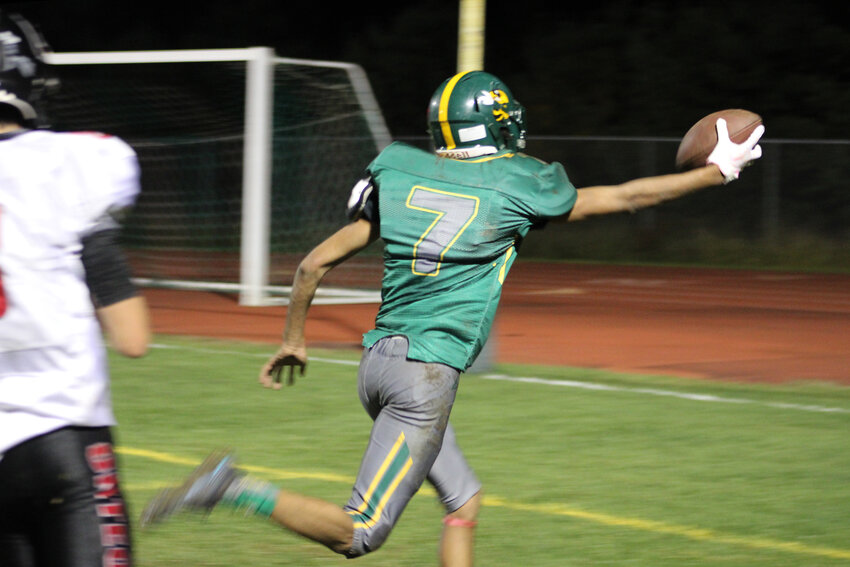 Right before halftime, Trai Kaufmann heads to the end zone for his third touchdown of the Eldred 50-30 win.