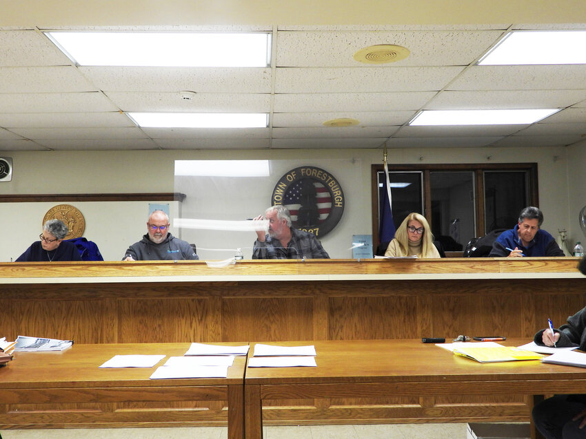 Pictured left to right are Forestburgh Town Board members, Karen Ellsweig, Vincent Galligan, Supervisor Dan Hogue, Susan Parks-Landis and Steve Budofsky at Thursday&rsquo;s Town Board meeting.