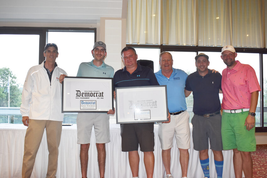 The Winners of the 2023 Sullivan County Democrat Two Man Better Ball Golf Tournament. From  the left are Villa Roma Golf Pro Matt Kleiner, winners Michael Scuderi and Michael Decker, Tournament  Sponsor Fred Stabbert III and second place fi nishers Mike Cardo and Blake Kilcoin.