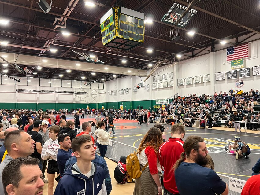 The packed Paul Gerry Fieldhouse during the 2023 Eastern States Classic. Wrestlers from eight states returned to SUNY Sullivan this morning for the two-day event.