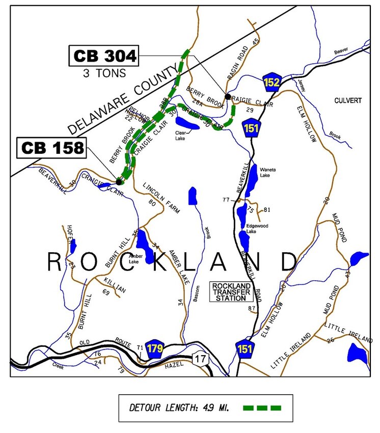 A map detailing the 4.9-mile long detour route in the Town of Rockland, which has been put in place in order to repair damage to the Beaverkill Covered Bridge caused by a recent car accident.