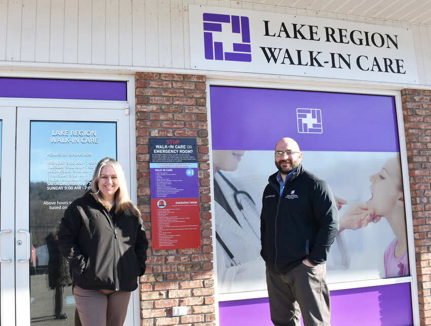 Shown at the entrance of recently renamed Lake Region Walk-In Care are Practice Manager Gina Mastroianni and Medical Director, Matthew Cellini, MD.