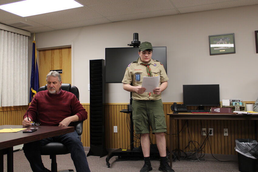 Eagle Scout of Boy Scout Troop 97, Andrew Kelly, requested permission from Town Supervisor Chris Mathew, left, and the board to replace the shed at the dog pound as part of his project.