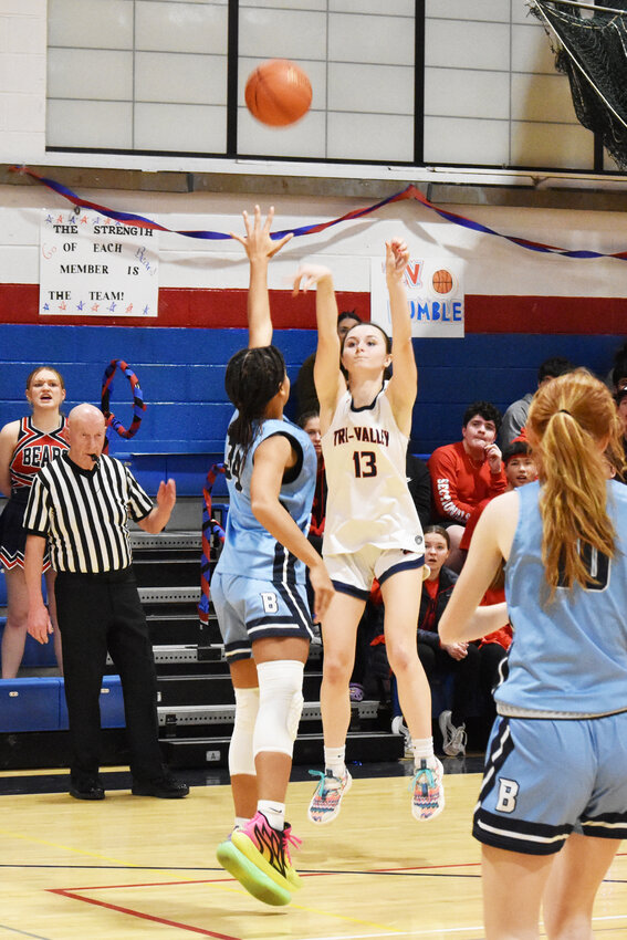 Jenna Carmody led the Lady Bears with 10 points. On this 3-point attempt she was guarded by Pine Plains 8th grader Nevaeh Rennie who scored 15 points in the win.