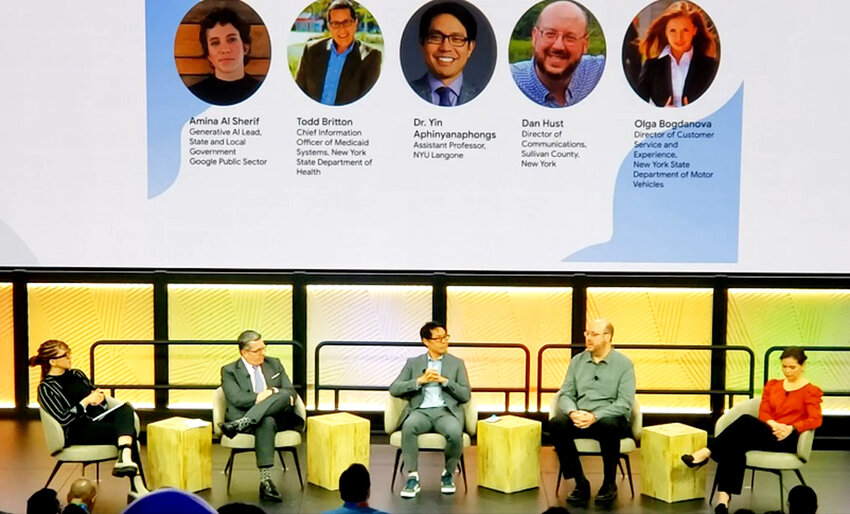 Sullivan County Communications Director Dan Hust (second from right) joined three other panelists at Google&rsquo;s NYC offices on February 28 to talk about generative AI&rsquo;s applications in government. From the left were moderator Amina Al Sherif, NYS Department of Health CIO Todd Britton, NYU Langone Assistant Professor Dr. Yin Aphinyanaphongs and NYS DMV Customer Service and Experience Director Olga Bogdanova.