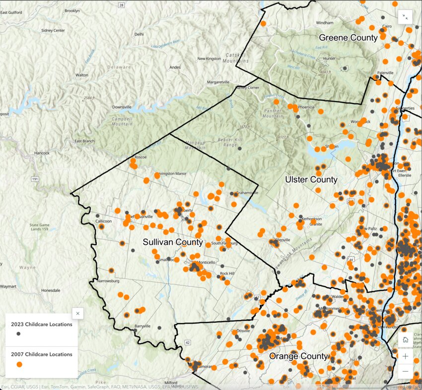 The map above shows childcare centers that were open in the Hudson Valley in 2007 and 2023. The orange dots represent licensed childcare locations that were open in 2007. Black dots represent locations open in 2023. Where a black dot and orange dot overlap, that location was open during both years and perhaps for the entire time. Data for this map was provided by the state Office of Children and Family Services.