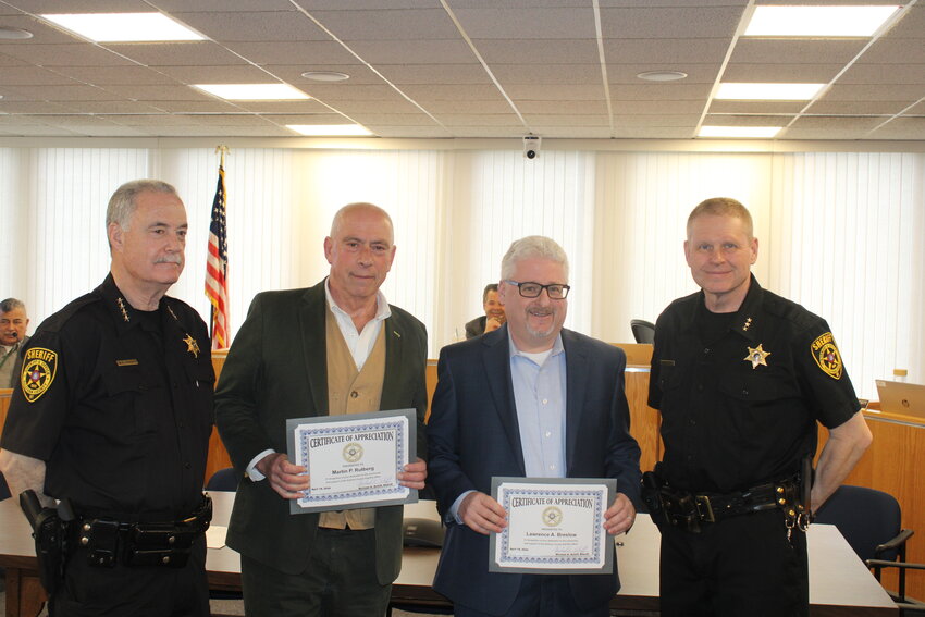 From left to right is Sullivan County Sheriff Mike Schiff, Martin Rutberg, Lawrence Breslow and Undersheriff Eric Chaboty as Rutberg Breslow Law is honored for their $5,000 donation to the Sheriff&rsquo;s Office K-9 unit.
