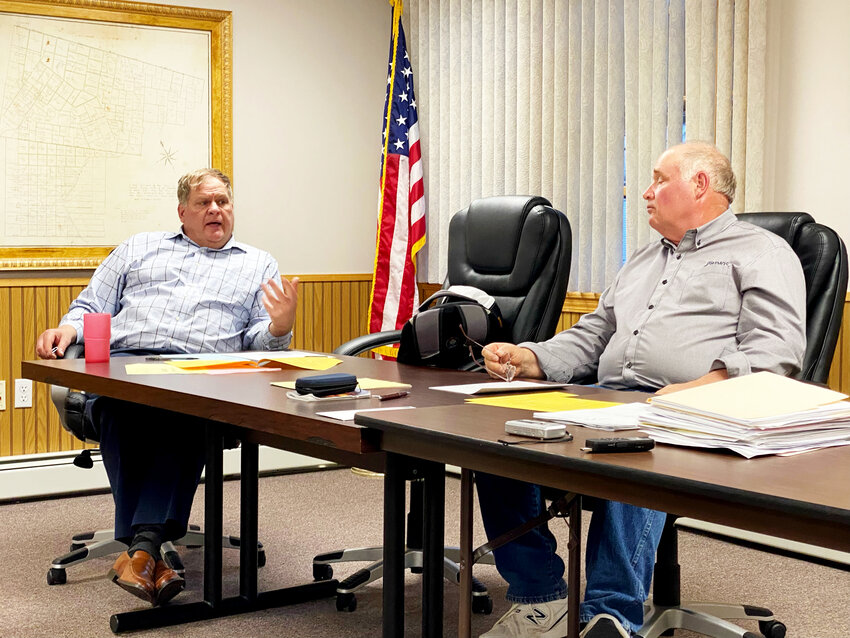 Councilman Richard Coombe Jr. (left) contributed to Supervisor Chris Mathews’s pool update. He encouraged the band-aid strategy Mathews suggested as all contractors were reportedly “busy” and “weeks out” from coming to look at the leak. Councilman Scott Grey (right) listens on.