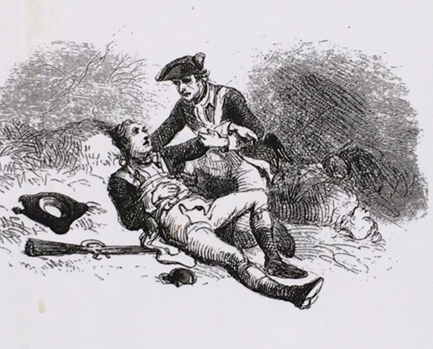 An artist&rsquo;s depiction of Dr. Benjamin Tusten treating a fellow militia man at the Battle of Minisink on July 22, 1779.