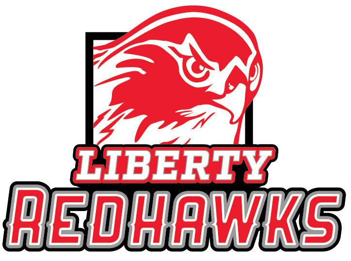 This version of the new Liberty Redhawks logo features the head of a redhawk in a badge form.