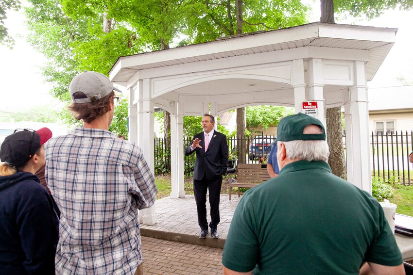State Senator Peter Oberacker, along with local officials, business owners and residents, gathers at Veterans Park in Wurtsboro on June 12th to oppose the closure of Exit 114.