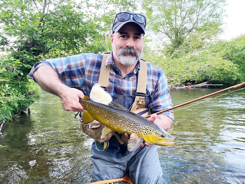 Seth Cavarretta with a beautiful 20.5-inch male trout, his best this season and his best to date on his Anthony Pagley cane rod, that he caught on a #14 Rusty Spinner last week.
