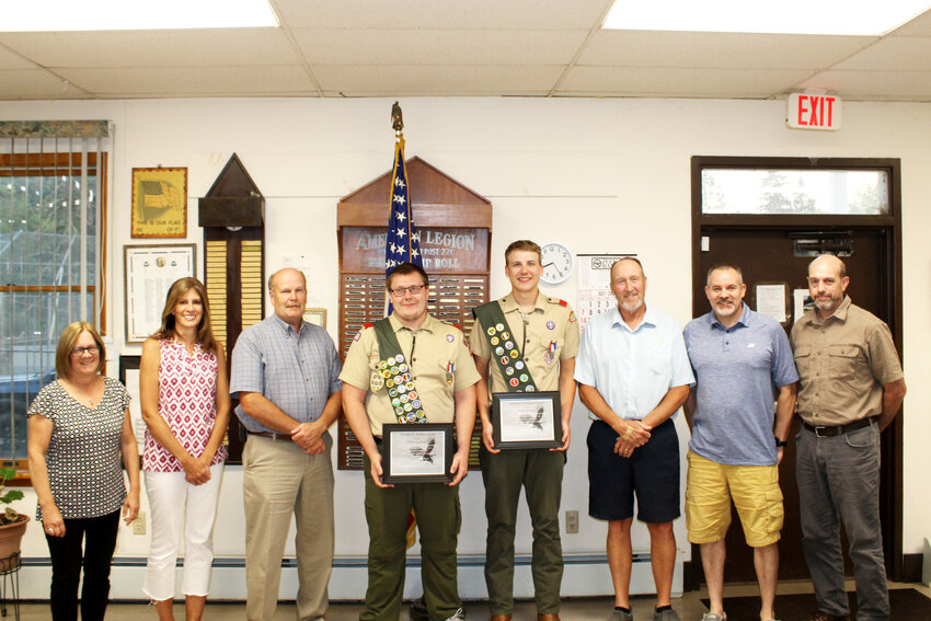 Two Eagle Scouts were presented an award by the Callicoon Town Board on Monday, July 8. From left to right is Town Clerk Kim Klein, Councilwoman Annette Rasmussen, Town Supervisor Tom Bose, Eagle Scout Dylan Hanslmaier, Eagle Scout Colin Kavleski, Councilman Charles Schadt, Councilman Chris Hubert and Councilman Scott Gaebel.