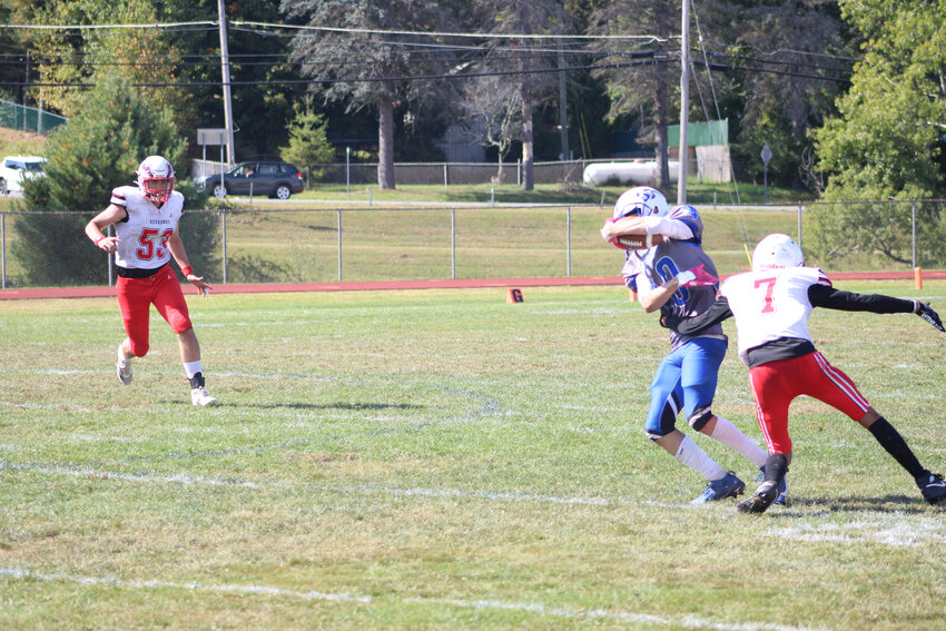 Frank McFadden Jr. dispatches the RedHawk defender to break a tackle in the Panther victory.