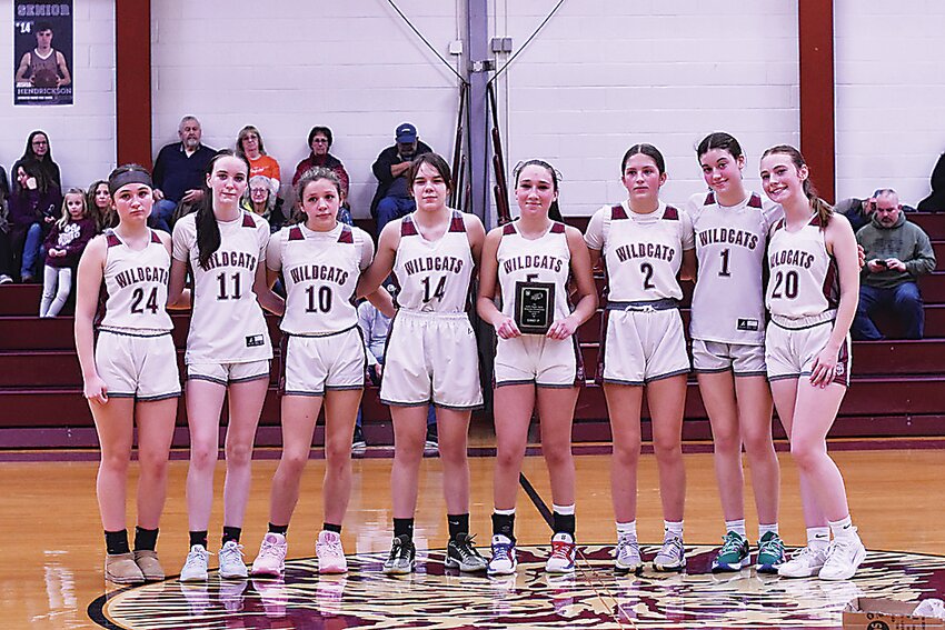 The Manor/Roscoe Wildcats await results of the February 27 seeding meeting to find out if they will move on.     Left to right: Leah Ladenhauf, Kelsey Ryder, Allison Froehlich, Jaida Gould, Anastasia Niforatos, Alexandra Potosek, Grace Darder, Olivia Stickle.