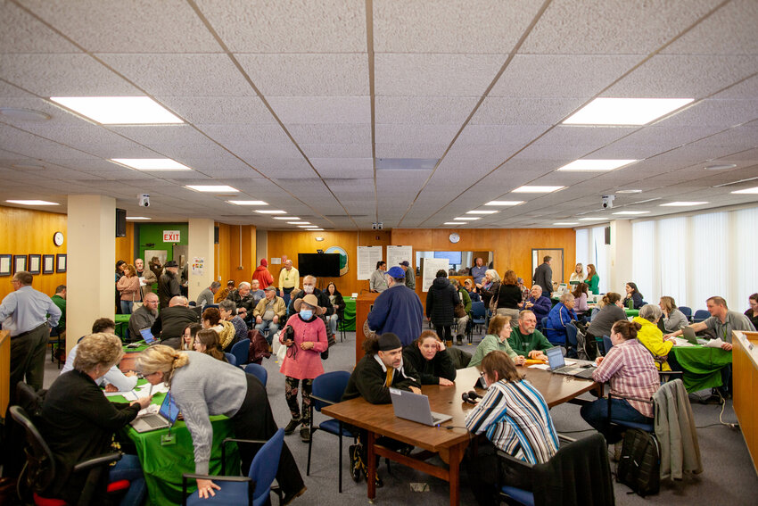 Residents pack the hearing room at the Sullivan County Government Center for a NYSEG workshop on February 27, seeking answers about soaring electric bills.