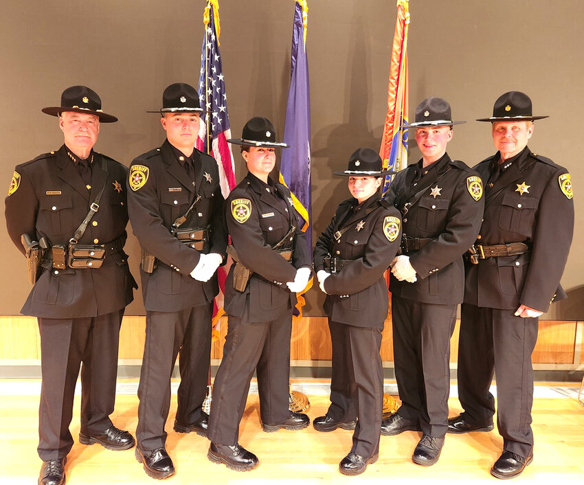 On Friday March 7, four new recruits assigned to the Sheriff’s Office Patrol Division graduated from the Orange County Police Chief’s Association Academy. The graduation ceremony was held at the Orange County Emergency Services Center in Goshen. In the photo (l to r), Sheriff Mike Schiff, Deputy Sheriff Erik Hill, Deputy Sheriff Daiana Doran, Deputy Sheriff Alyza Garcia, Deputy Sheriff Carson Somers and Undersheriff Eric Chaboty. The new deputies will now begin the next phase of training with their field training officers.