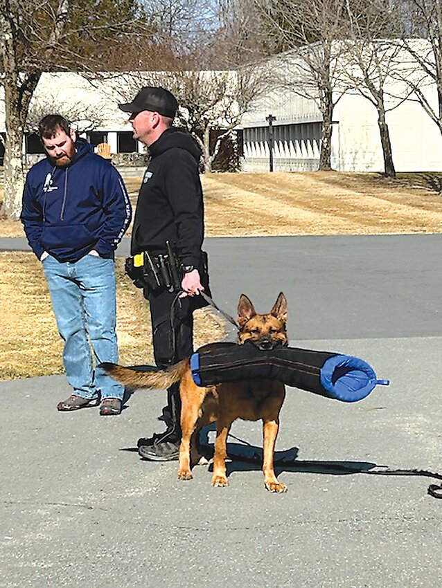 Deputy Kyle Farrand of the Sullivan County Sheriff’s Department visits SUNY Sullivan’s Criminal Justice class with K9 partner Country.