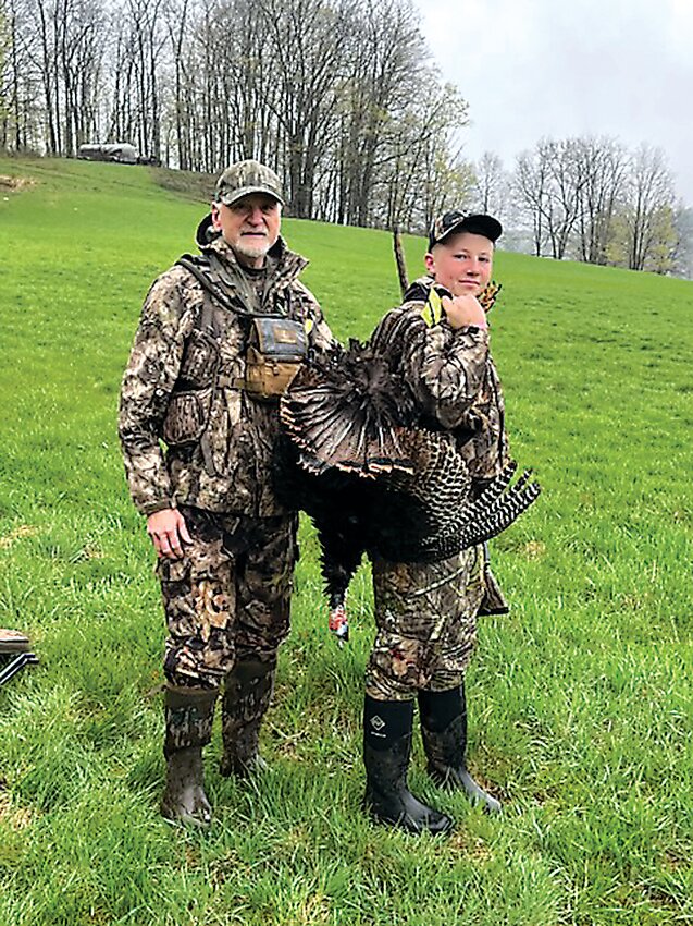 Caleb Rosales was  mentored by Dale Englehardt when he successfully bagged this 13 lb., 8 oz. gobbler with a 5-inch beard during the recent youth hunt on Saturday, April 26. The duo was hunting on Sunrise Farm Hunting Club property.