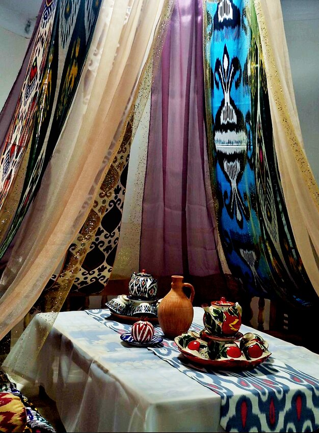 On Saturday, May 27th in a lovely chaikhana( photo) an Uzbekistan Tea Room, a high Tea Ceremony, will be held at Hall Space by Nonneta in Eldred New York.  The ceremony is part of a course about the  importance that tea ceremonies  play in the cultures of Uzbekistan, Turkey and Japan. The event will feature Tea Master Charles Wilkin speaking about the history of tea and introducing natural teas and a private pottery class lead by Nonna Hall making traditional ceramic Uzbek piala- tea bowls. For information and registration go to hallspaceny.com or call 845-421-7240.