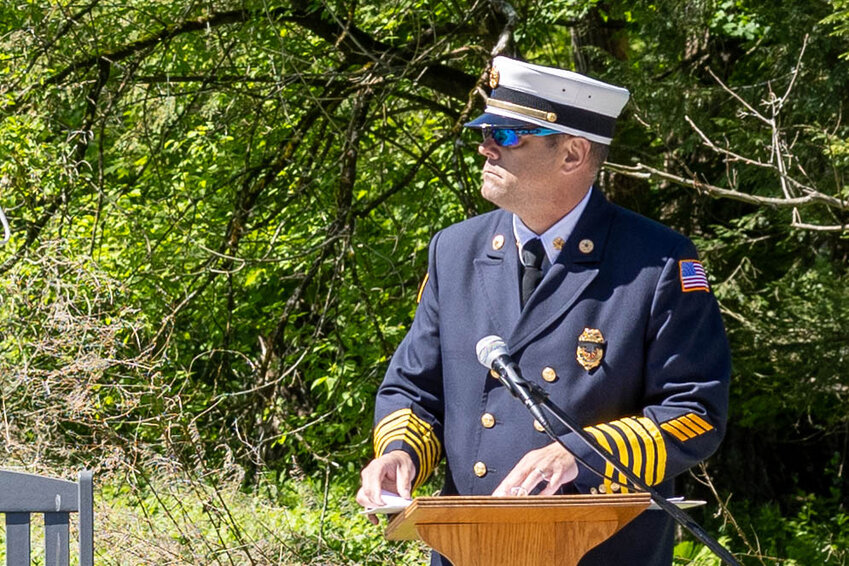 Livingston Manor Second Lieutenant Chris Tuleweit delivers a speech at the veterans memorial.