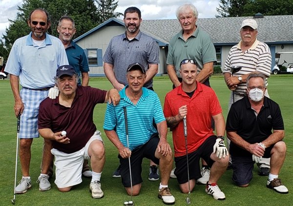 Several of the league members of the Tarry Brae Tuesday Men's league include, front row kneeling from left, Elliott Schneider, John Sauchuk, Mike Kurshetsky, Jerry Johnson (in the mask), standing from left, Bruce Aymes, Kevin Mullen, Matt Stoddard, Bob Simpson and Rich Johnson.
