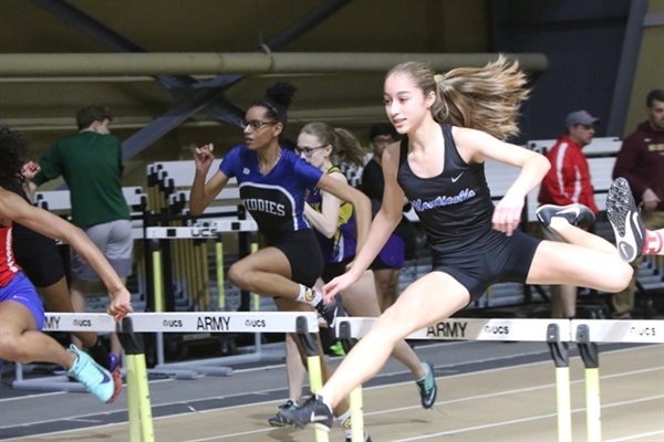 Monticello's Taina DeJesus shows her exemplary form in the 55 hurdles. DeJesus is currently a sophomore and one of the premiere hurdlers in Section 9.