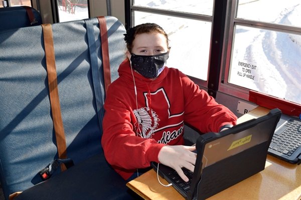 Liberty Middle School student Angie Wheeler gives the  new mobile classroom a try.
