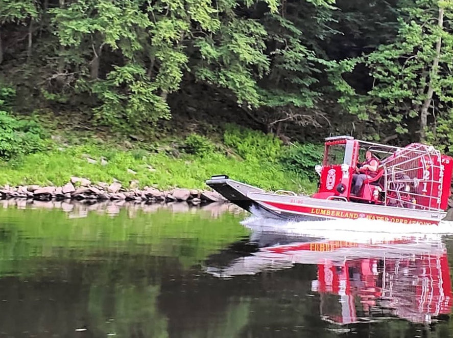The Lumberland Fire Department brought their water rescue boat on the Delaware River on Saturday to search for a drowning victim.