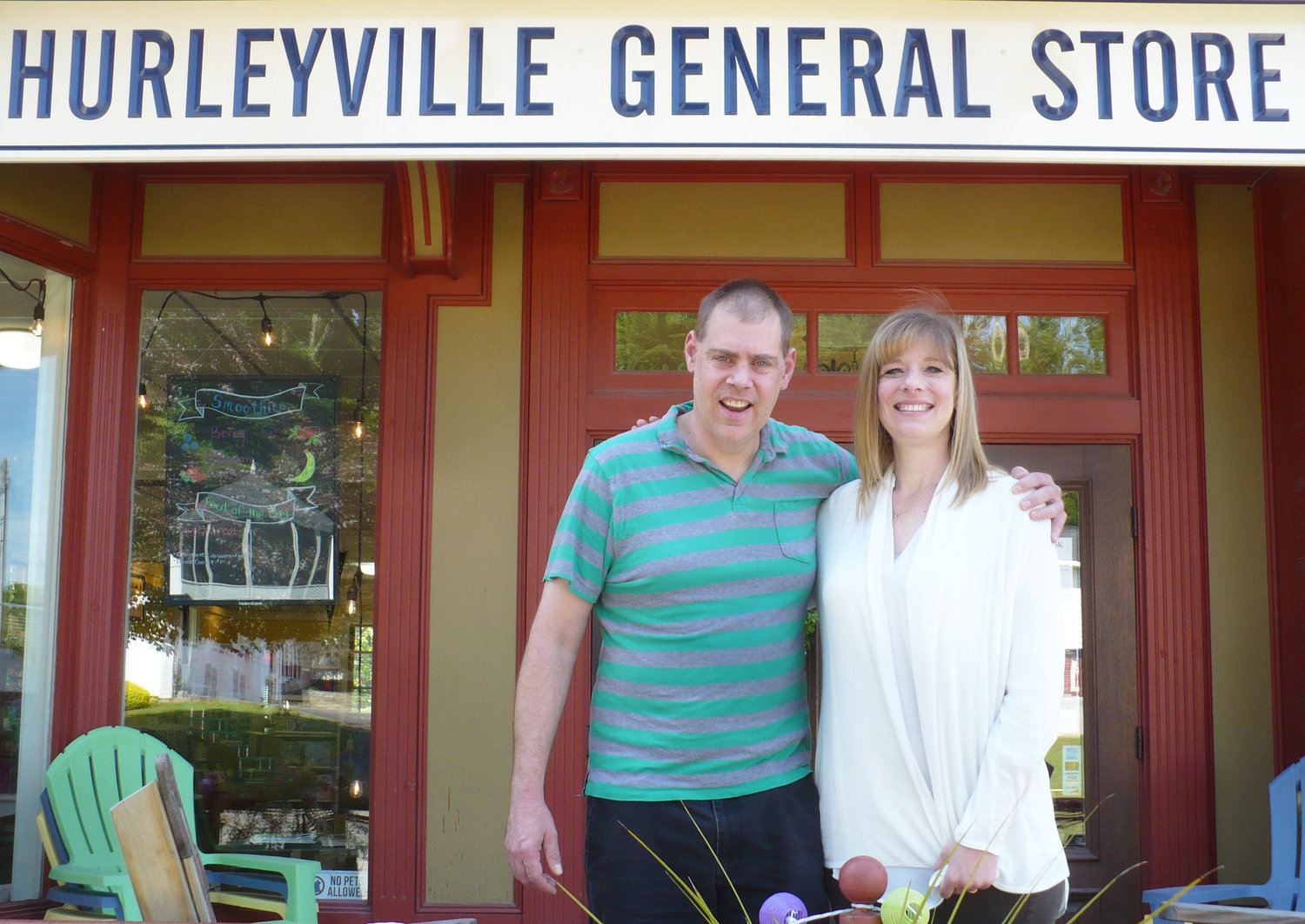 Hurleyville General Store owner Denise Lombardi and her brother Jack Van Dormolen celebrate the welcoming spirit of the hamlet. Van Dormolen, who is hearing impaired, signed: 'People here are so friendly, happy to see me. It's beautiful here and peaceful.'