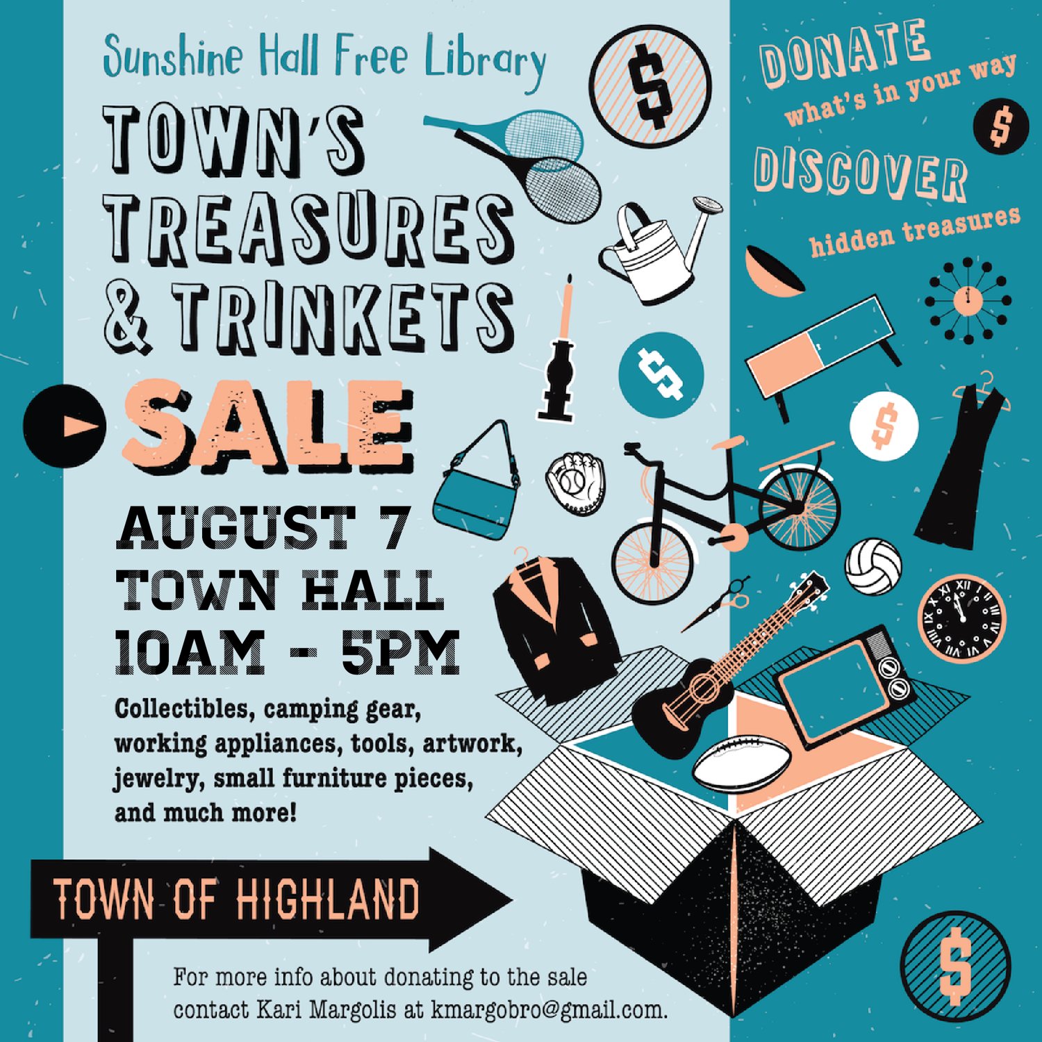 The Board of Trustees of the Sunshine Hall Free Library have gotten hundreds of donations for next Saturday’s Treasures and Trinkets Sale. Need top of the line power tools, a mountain bike, silverware or camping equipment at very reasonable prices? The Sale will be held at the Highland Town Hall followed by a event at the Shrewd Fox Brewery’s Beer Garden featuring live music by the River  Ramblers Band.