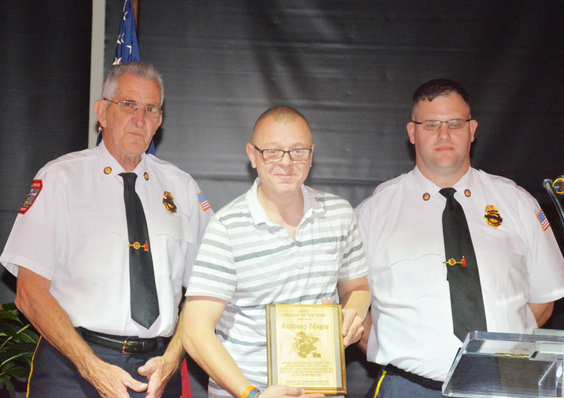 Beaming with pride is Anthony Magie (center), the recipient of the Fallsburg FD’s 2021 Louis J. Levine Firefighter of the Year Award. To his left is Fallsburg FD First Assistant Chief John Kozachuk, and to his right is Fire Chief Jordan Kozachuk.