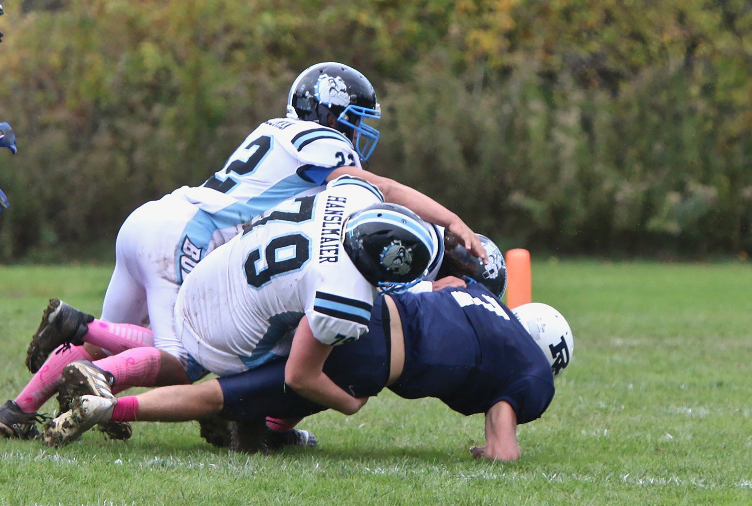 Defense will be key if the Bulldogs are going to prevail against Pawling. Good hard-hitting tackling like the kind evinced by junior Dillan Hanslmaier and sophomore Jakob Halloran was on display in this bone-crunching tackle of Roscoe junior Anthony Teipelke.