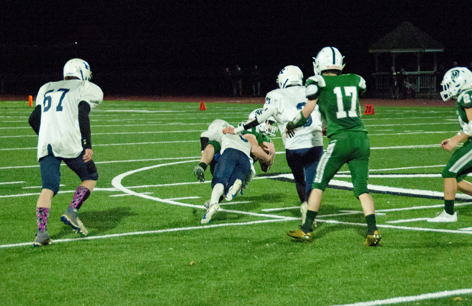 Alaniz Ruiz plants a Spackenkill running back to the turf with a textbook form tackle. Ruiz made his presence known on both sides of the ball all season long.