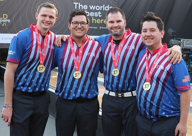 Team USA are the men's team champions of the 2021 International Bowling Federation Super World Championships held at Dubai, United Arab Emirates. Team members include Andrew Anderson, Jakob Butturff, AJ Johnson and Kristopher Prather.