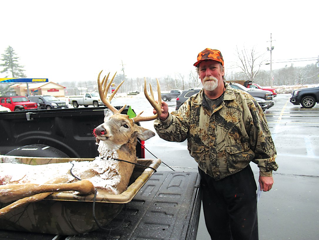 Tom O’Leary took this big buck last Saturday in Tusten. The buck had 24 and 23-inch beams and scored 75 to move into fourth place in the Democrat/FOSCOSC Big Buck Contest.