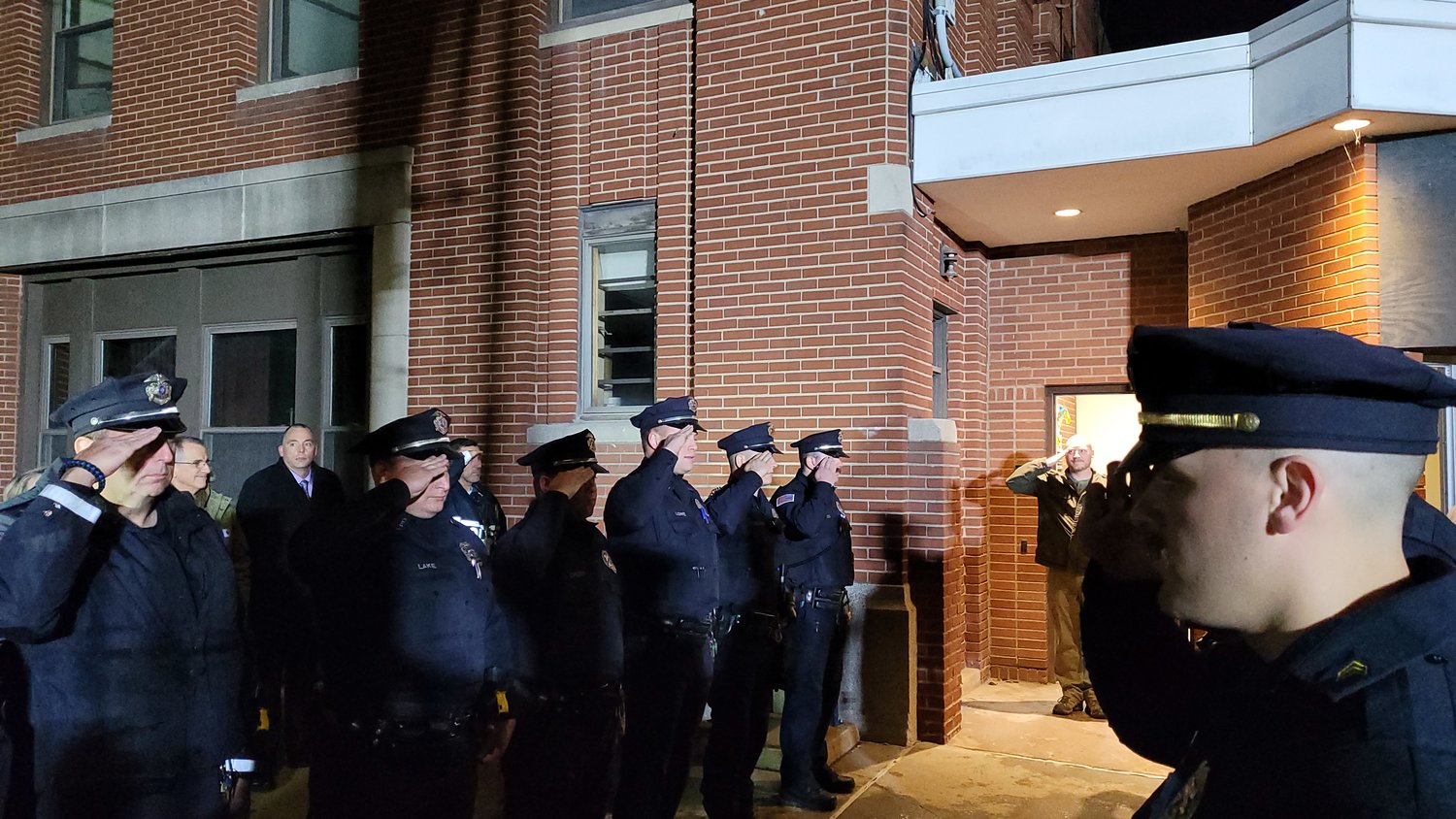 Last night Detective Hess took his final walk out of the Liberty Police Department. He was surrounded by friends and family and saluted by the entire department as he left.