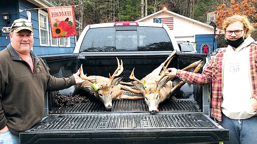 Shawn Galligan, left, and his son, Shawn Galligan Jr., both entered nice bucks for the 48th Annual Sullivan County Democrat/Sullivan County Federation of Sportsmen’s Clubs Big Buck Contests. The Galligans harvested the bucks only one hour apart while hunting in the Town of Forestburgh on November 26. Galligan Jr. harvested a 9-pointer that weighed 130 pounds and scored a 63.75. Shawn Galligan took an 11-pointer that scored 77.50 and weighed 133 pounds. Galligan Sr.’s buck had 24 and 23-inch beams respectively and a 19.5-inch spread while Galligan Jr.’s buck had 19 and 19.5-inch beams and a 16.25-inch spread.