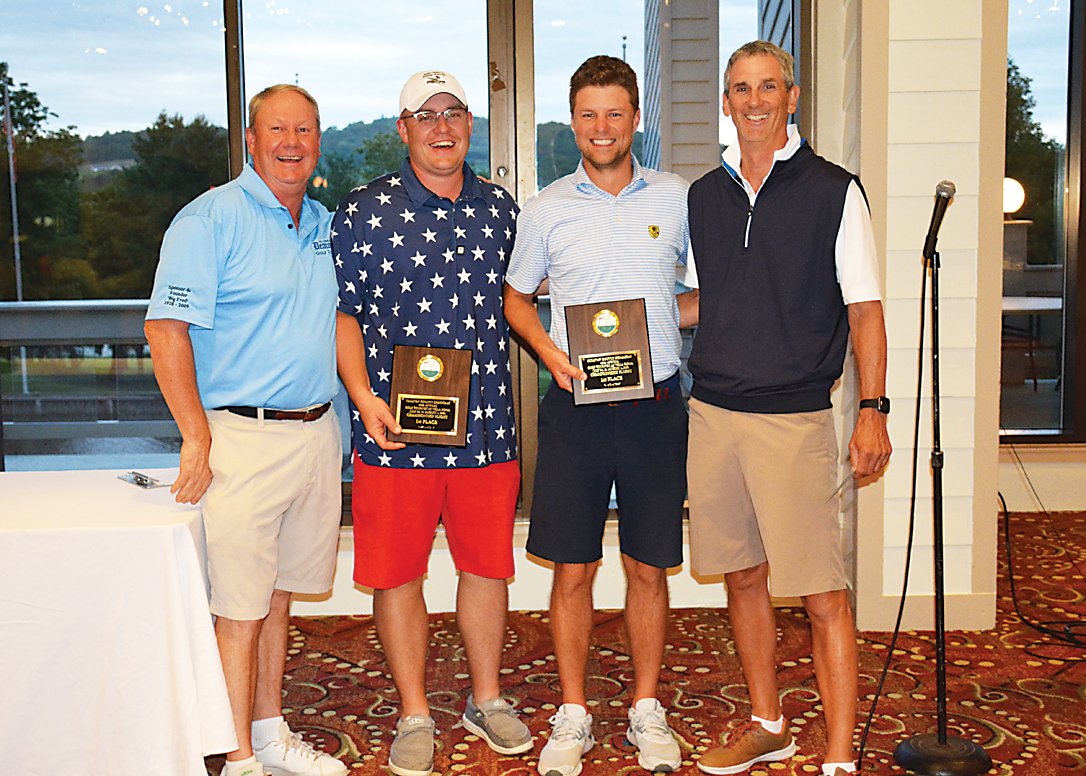 Tournament winners Joe Winski (middle left)  and Sean Semenetz (middle right) are joined by Democrat Publisher and Tourney Sponsor Fred Stabbert III (left) and Villa Roma Director of Golf and Pro Matt Kleiner (right).