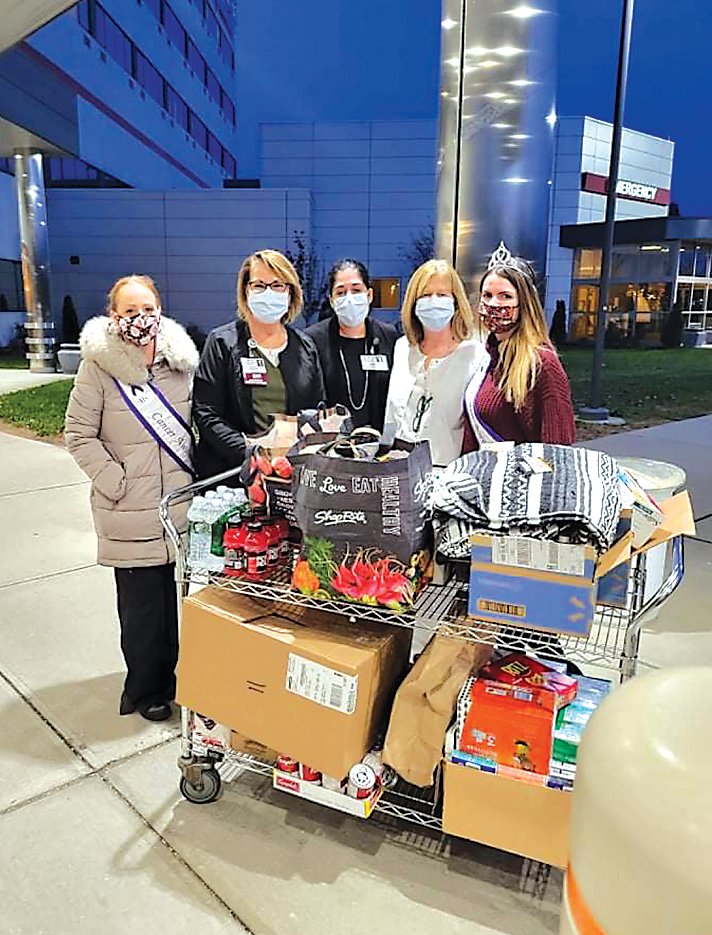 At a recent donation at Garnet Health Medical Center - Catskills, from left, 2020 Ms. Cancer Awareness Kristin Young, Garnet Health’s Katherine Menges, Deanna Schultz, Mary O’Shea Siegel, and 2021 Miss Congeniality Alyssa Edelglass.