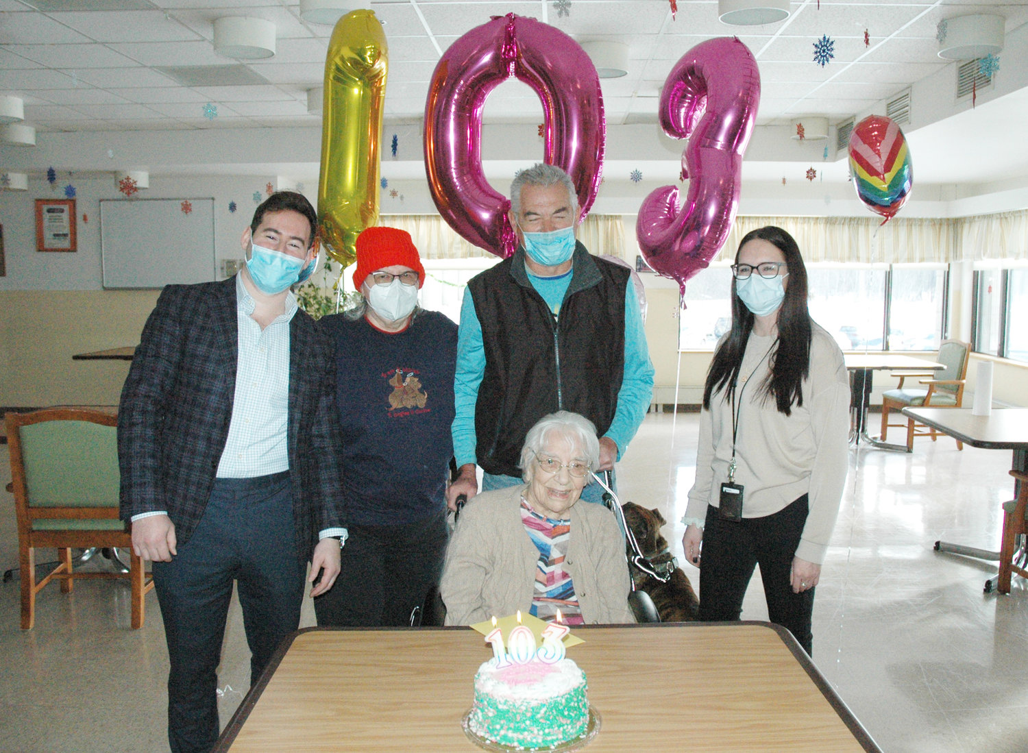 From left to right, Sunset Lake Care Center’s Director of Marketing and Admissions, Elliot Weiss, daughter Caroline Kurtz, son Albert Stenson Jr., birthday celebrant Marie Stenson, and Sunset Lake Care Center’s Activity Director Miranda Page.