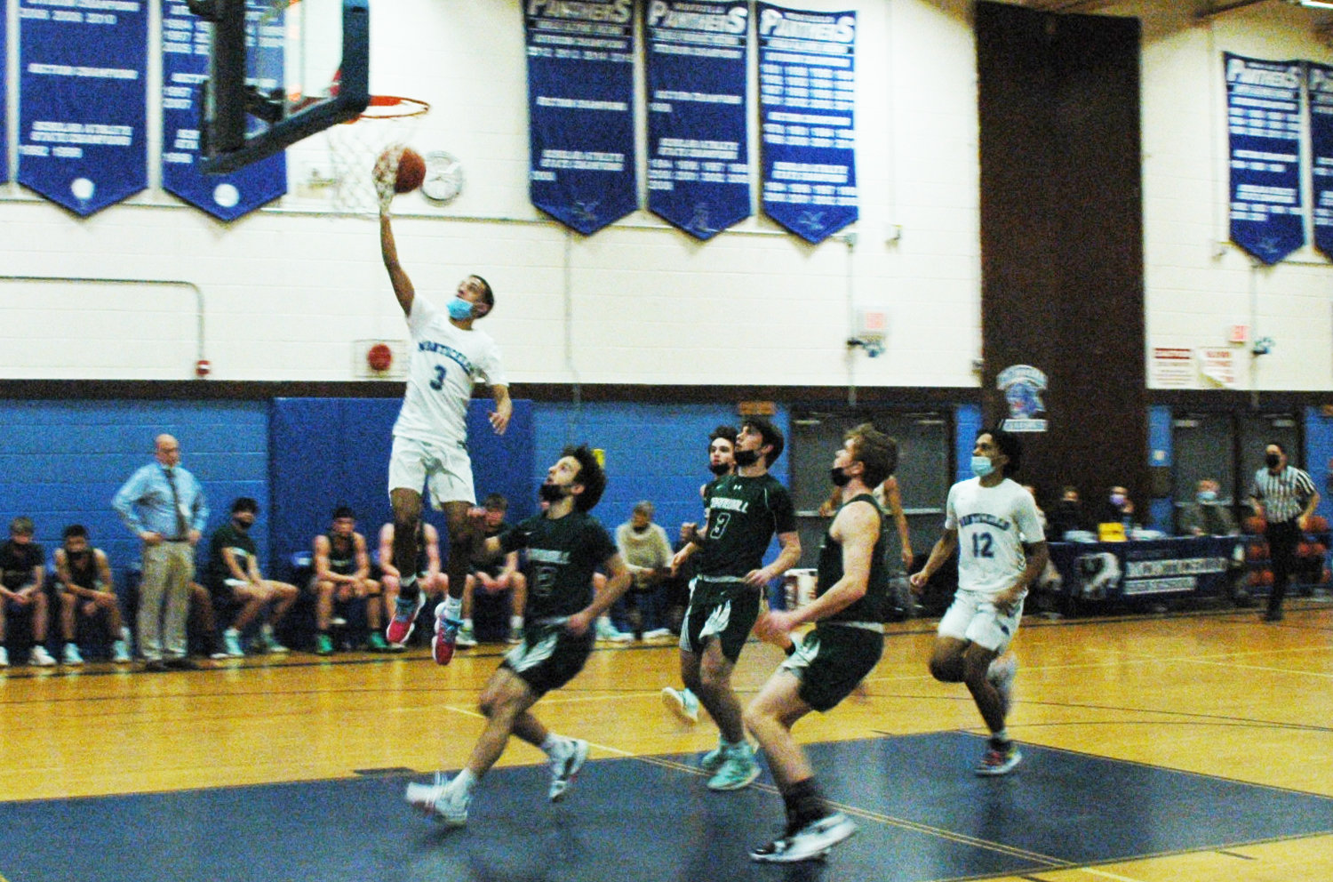 Pedro Rodriguez breaks away for a layup against Cornwall. Rodriguez had 17 points on the night, including a crucial go-ahead three-point play to secure the victory.