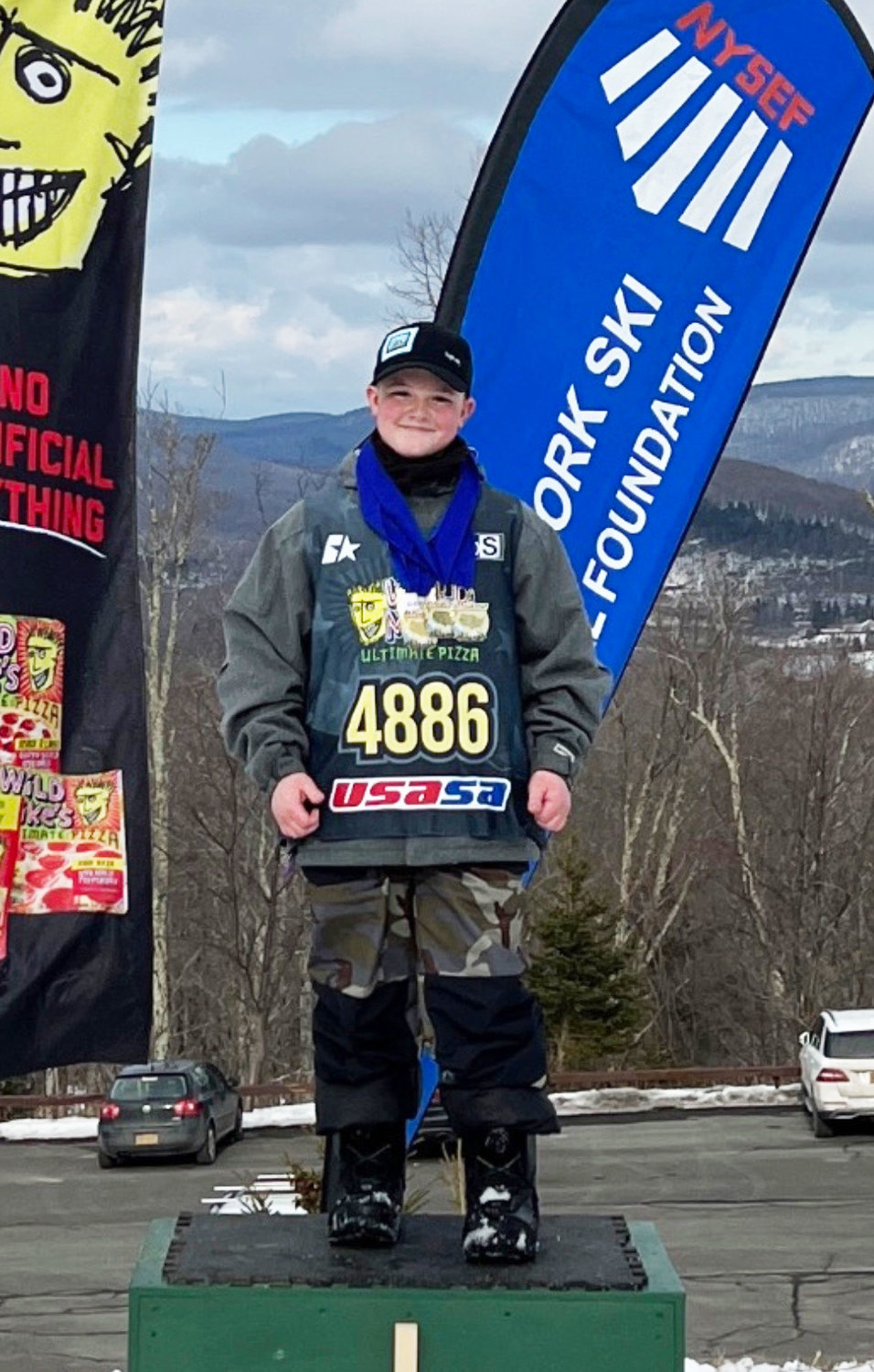Atop the pedestal! Michael Pappas stands on the first place podium after winning his USASA events. Pappas ranks first in his age group in the region, and third nationally for both Slalom and Giant Slalom.