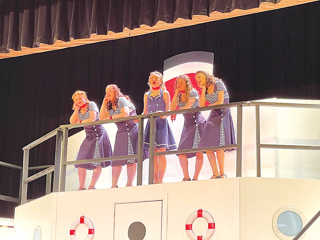 Nightclub Singer (and former Evangelist) Reno Sweeney, center, and her Angels performed "Take Me Back to Manhattan" during Scene 3 of the final act. From the left are: Purity (Cheyenne Decker), Chasity (Kaitlyn McBride), Reno Sweeney (Lyric Hemion), Charity (Amanda Dirig) and Virtue (Anabella Wagner).