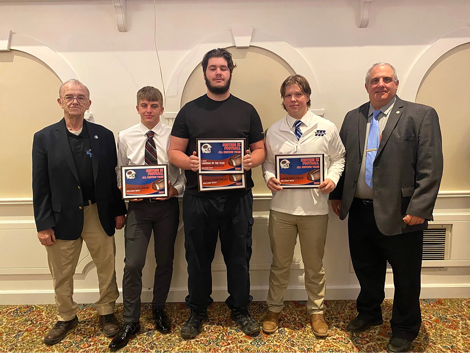 Sullivan West Honorees and Coaches (left to right) Head Coach Ron Bauer, Jakob Halloran, Chris Campanelli, Gavin Hauschild and Assistant Coach John Hauschild