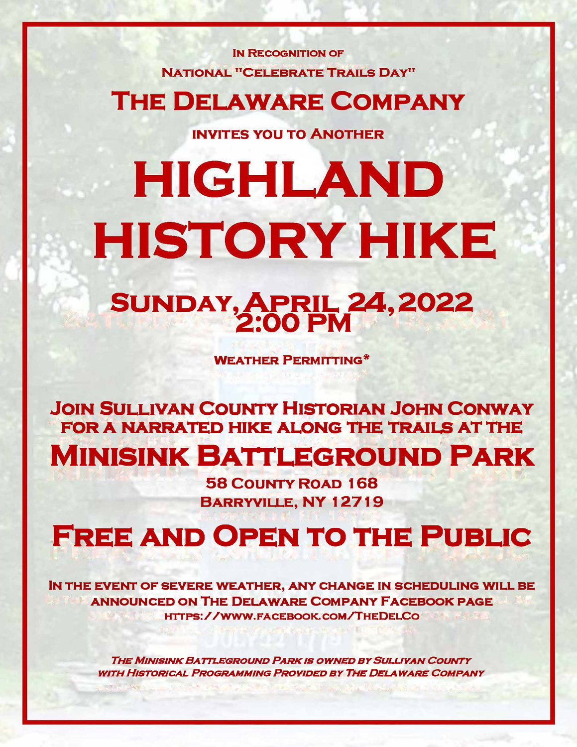 The Highland History Hike is Sunday, April 24 at 2 p.m. at the Minisink Battleground Park.