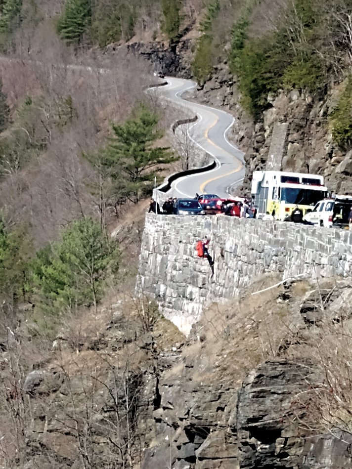 Emergency responders lowered themselves down the steep terrain at Hawks Nest on Tuesday to recover the body of a Lumberland man who State Police say fell trying to retrieve a drone.
