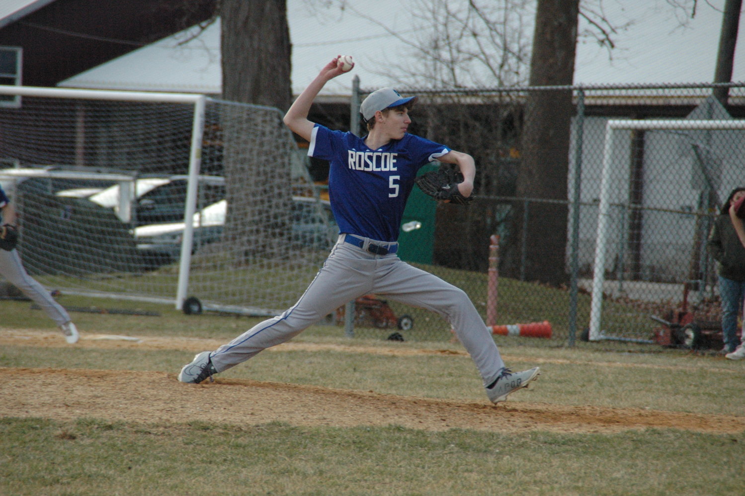 Anthony Zamenick, Roscoe,  extends on a pitch out of the windup against Livingston Manor.