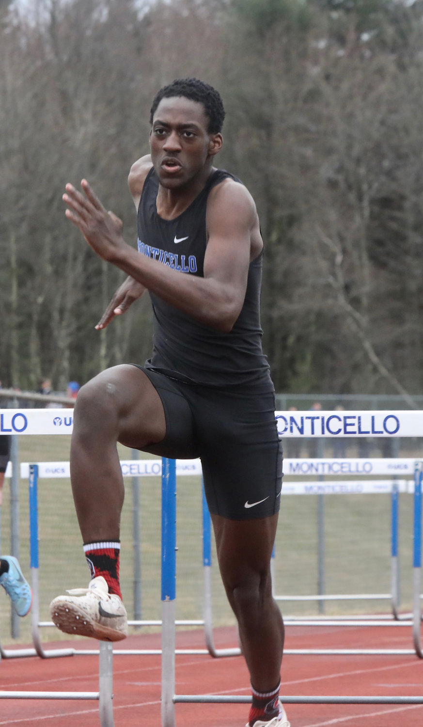 Monticello’s Tahir Denton, one of the premiere hurdlers in the county.